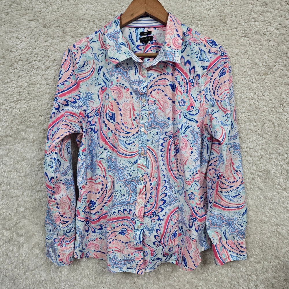 Talbots Paisley Button Down Shirt Womens 16‎ Pink Blue Non-Iron Preppy Classic